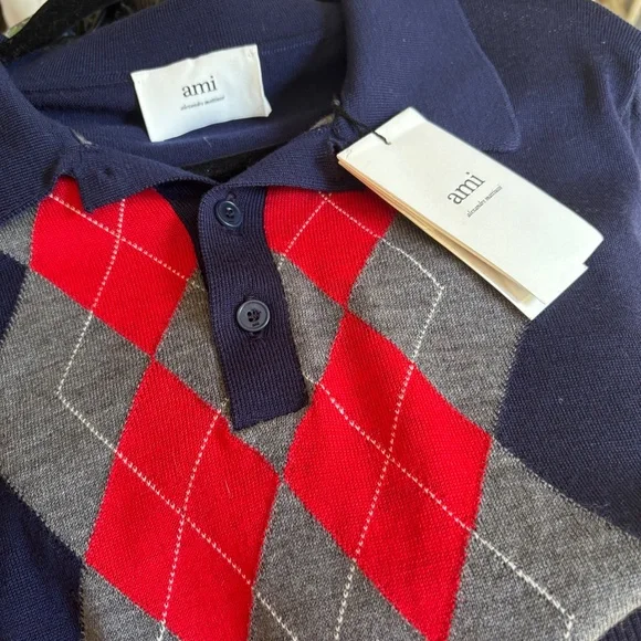 Ami Alexandre Mattiussi Navy Blue Grey Red Men’s Argyle Wool Sweater NWT Size L